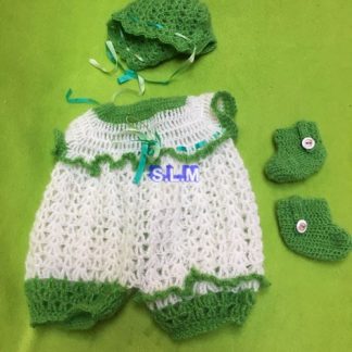 GREEN/WHITE ROMPER  with hat and bootees