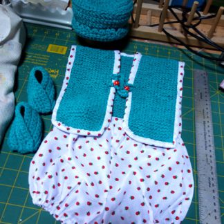 LADY BIRD SET , HAT , BOOTEES, WAISTCOAT , AND BLOOMERS
